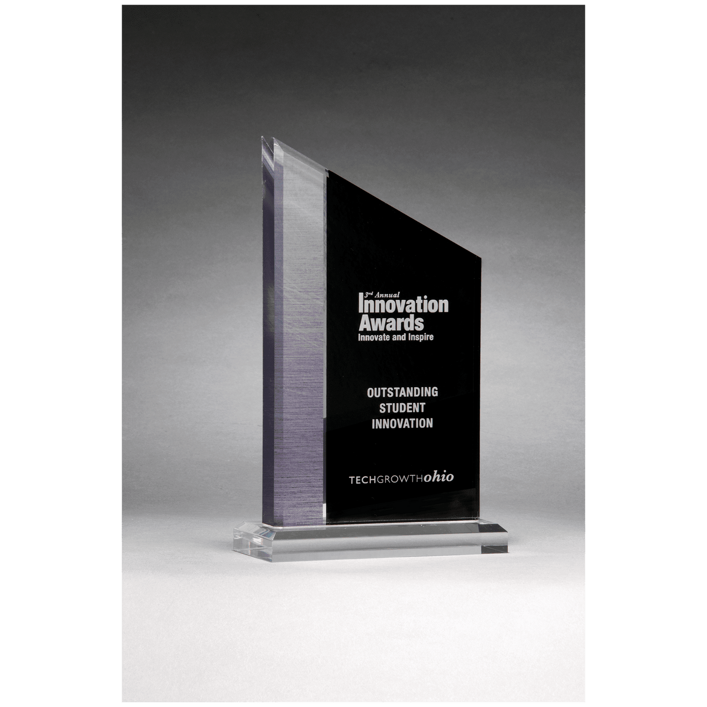 6" x 9" Digitally Printed Brushed Silver Accent on Black Upright Acrylic with Clear Base