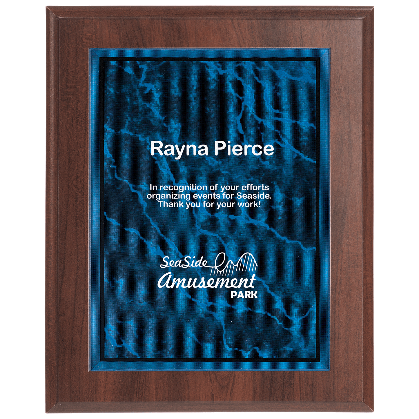 Medium Cherry Finish Plaque with Blue Marble Acrylic Plaque Plate