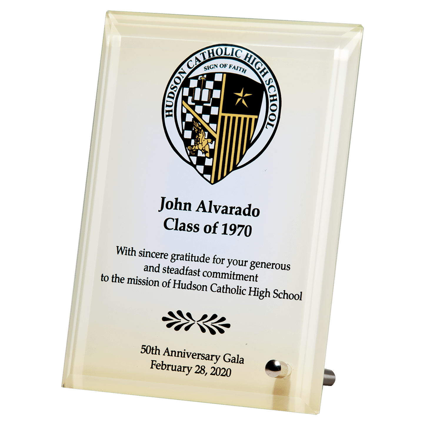5" x 7" Sublimated Glass Plaque with Silver Post for Portrait or Landscape Prsentation