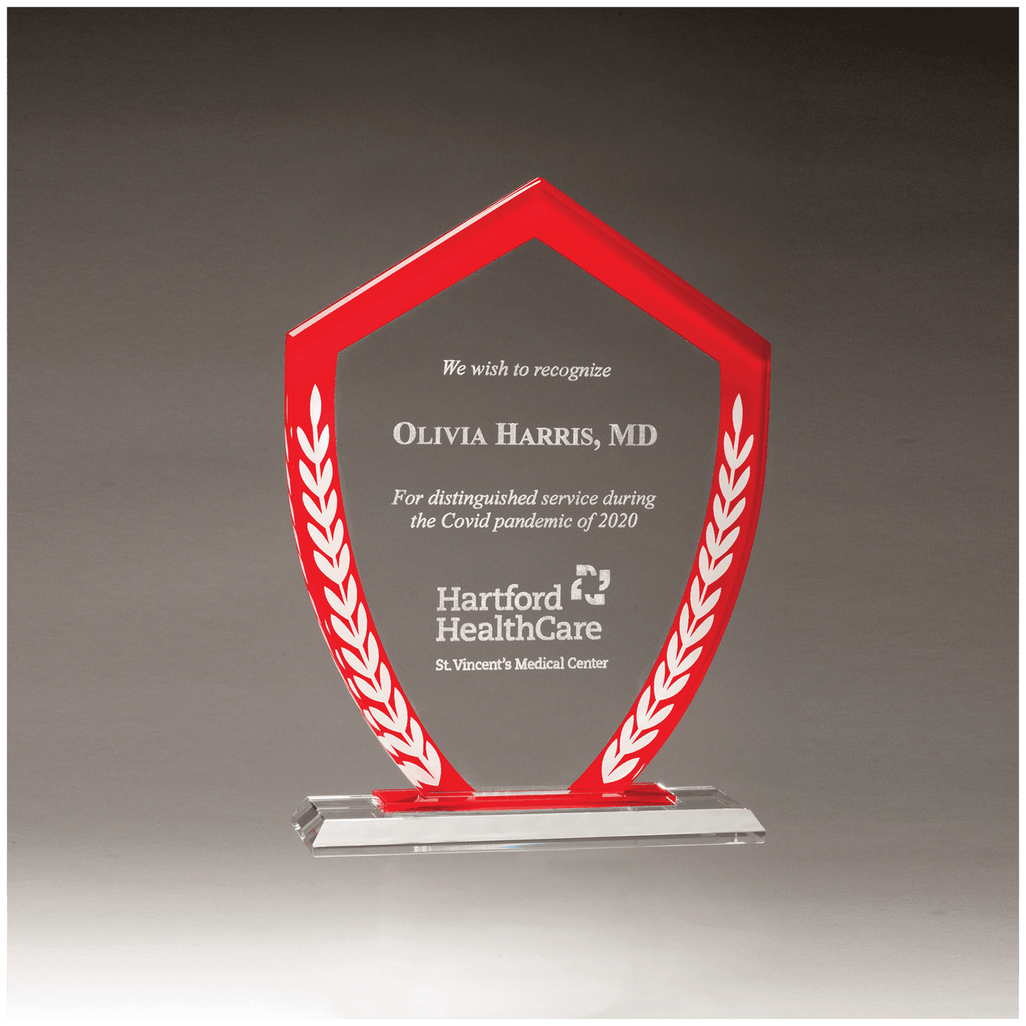 7 1/4" x 9 5/8" Shield Shaped Glass Award with Red Border and White Laurel Leaves