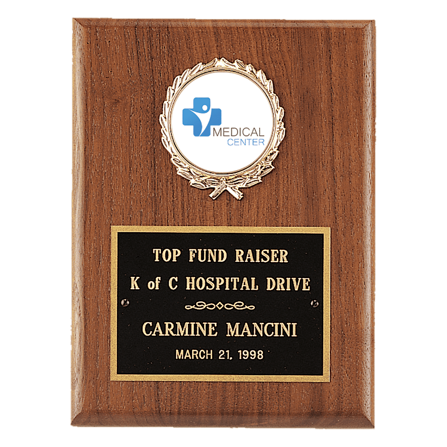 4 1/2" x 6" American Walnut Plaque with Gold Border Black Laserable Brass Plate and 2" Insert Holder- Witney Series (2" Inserts Sold Seperately)