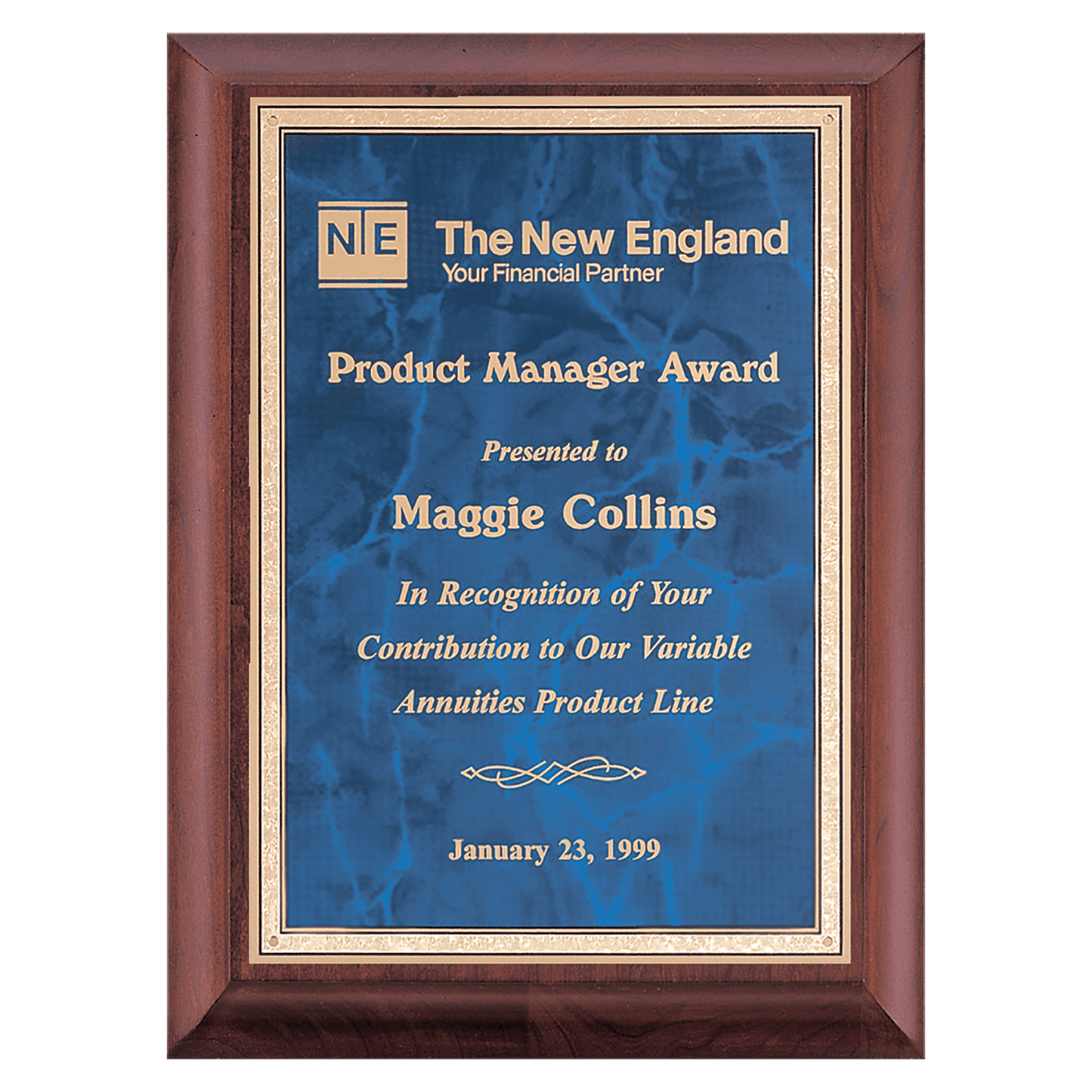 Cherry Finish Plaque with Sapphire Marble Gold 9" x 12" Hand Rubbed Border LaserFX Plate