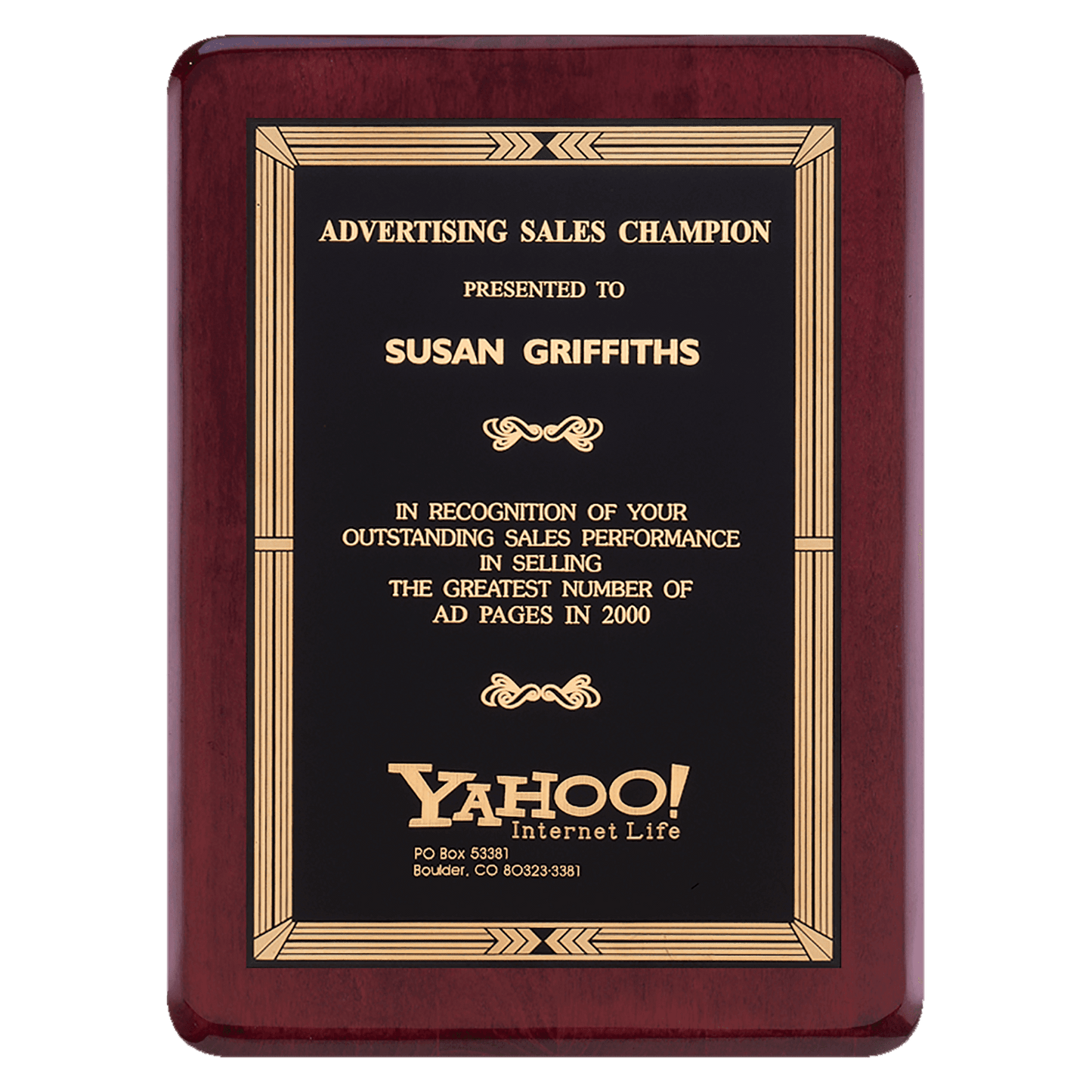 Rosewood Piano Finish Plaque with Gold Border Black Laserable Brass 7" x 9" Airflyte Premium PLate