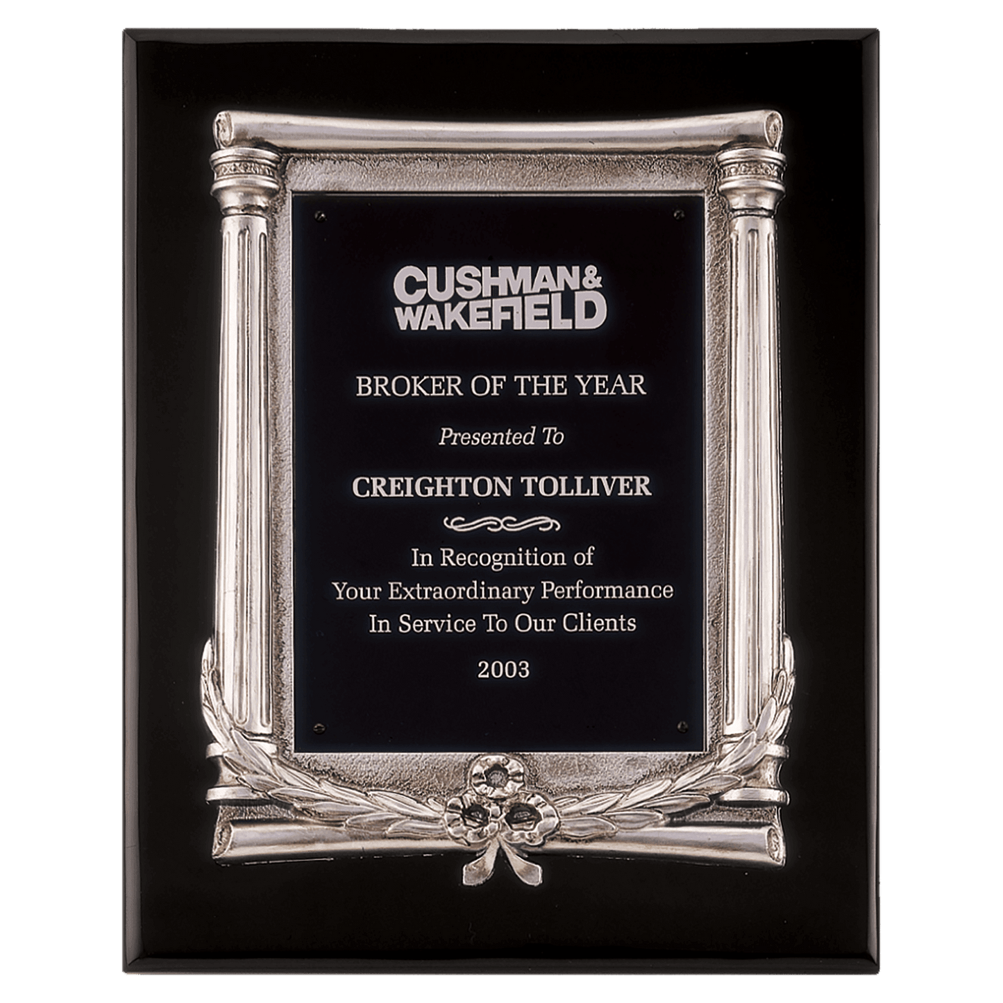 10 1/2" x 13" Black Piano Finish Plaque, Antique Silver Frame Casting & Black Aluminum Plate