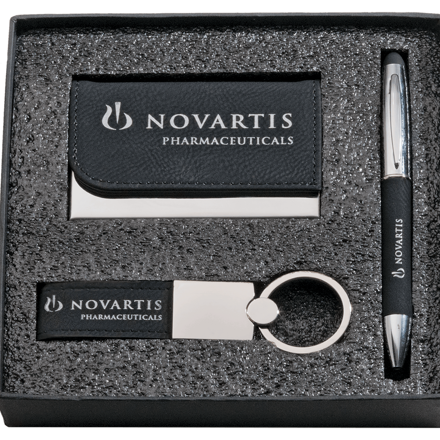 Black Leather Gift Set/Pen, Keychain, Business Card Holder