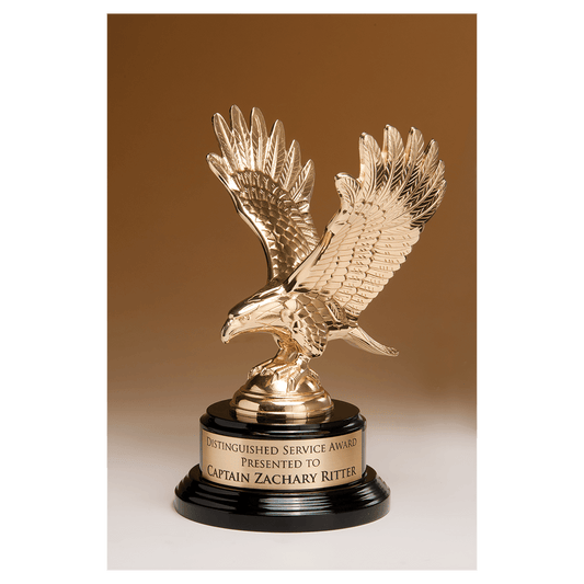 9" Fully Modeled Gold Finish Metal Eagle on a Black Piano Finish Base with a Gold Flex-Brass Plate