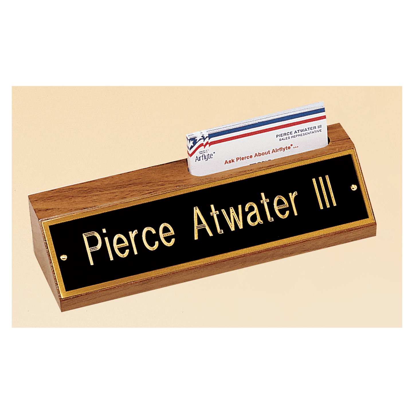 8" x 1 3/4" x 2 3/8" American Walnut Nameplate with Business Card Holder with Black Plate