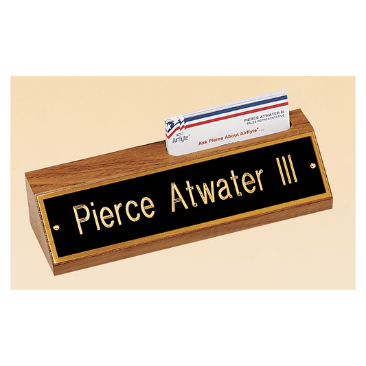 8" x 1 3/4" x 2 3/8" American Walnut Nameplate with Business Card Holder with Black Plate