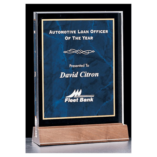 7" x 9 5/8" Sapphire Marble Acrylic Award with American Walnut Base