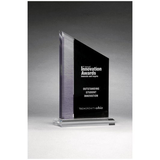 6" x 8" Digitally Printed Brushed Silver Accent on Black Upright Acrylic with Clear Base