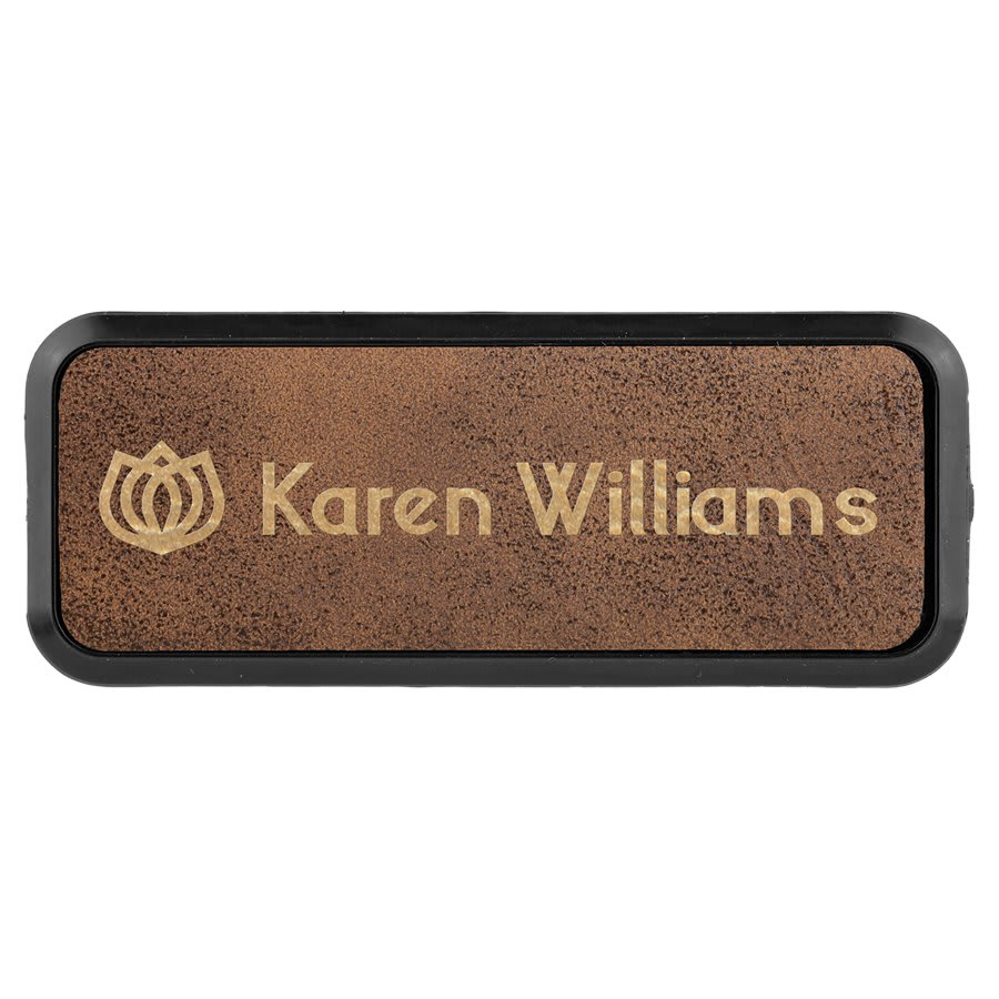 3" x 1" Rustic/Gold Laserable Leatherette Round Corner Badge & Frame