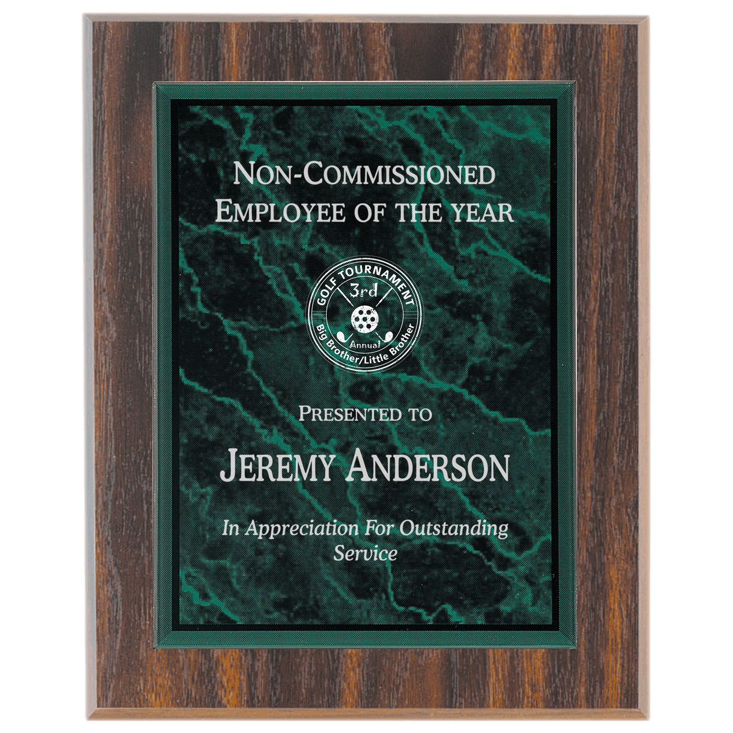 Small Walnut Finish Plaque with Green Marble Acrylic Plaque Plate