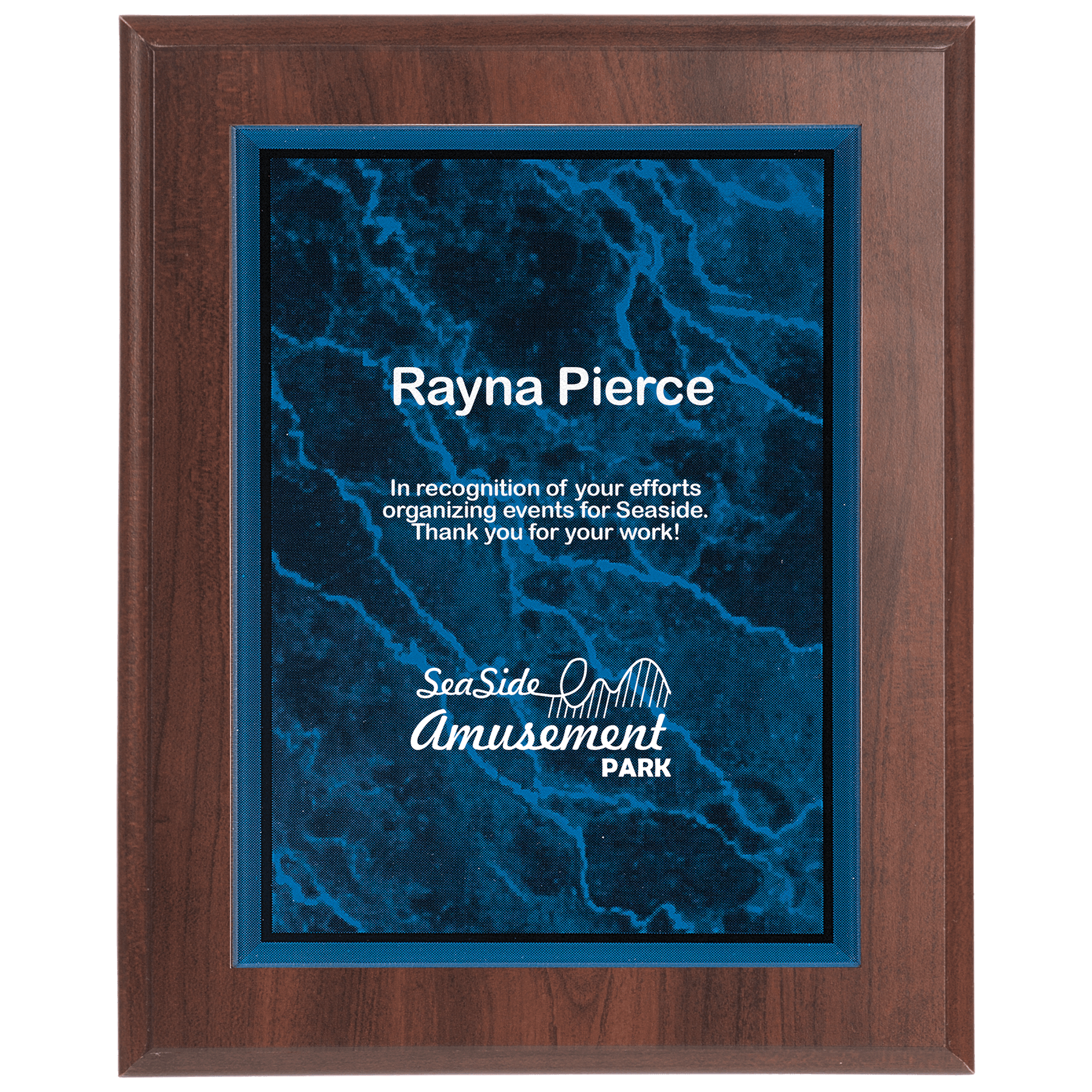 Medium Cherry Finish Plaque with Blue Marble Acrylic Plaque Plate
