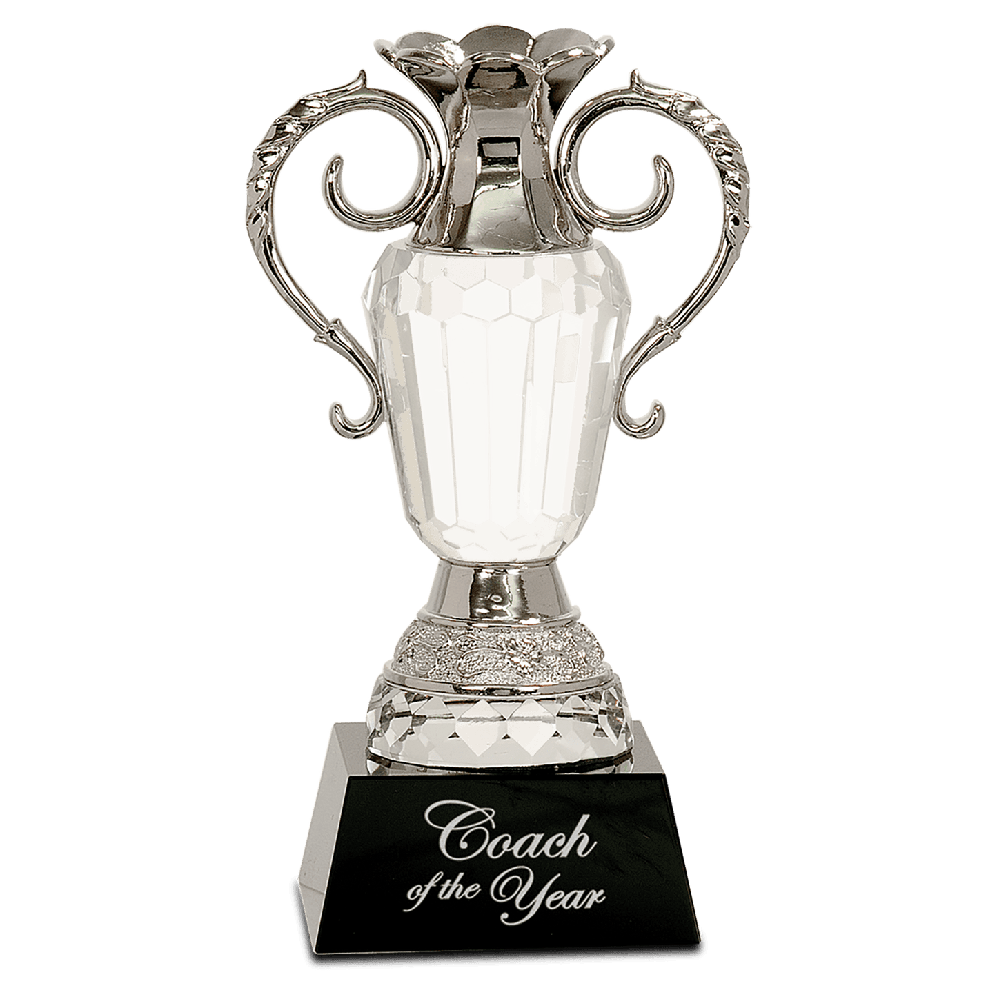 8" Crystal Cup with Silver Metal Handles on Black Pedestal Base