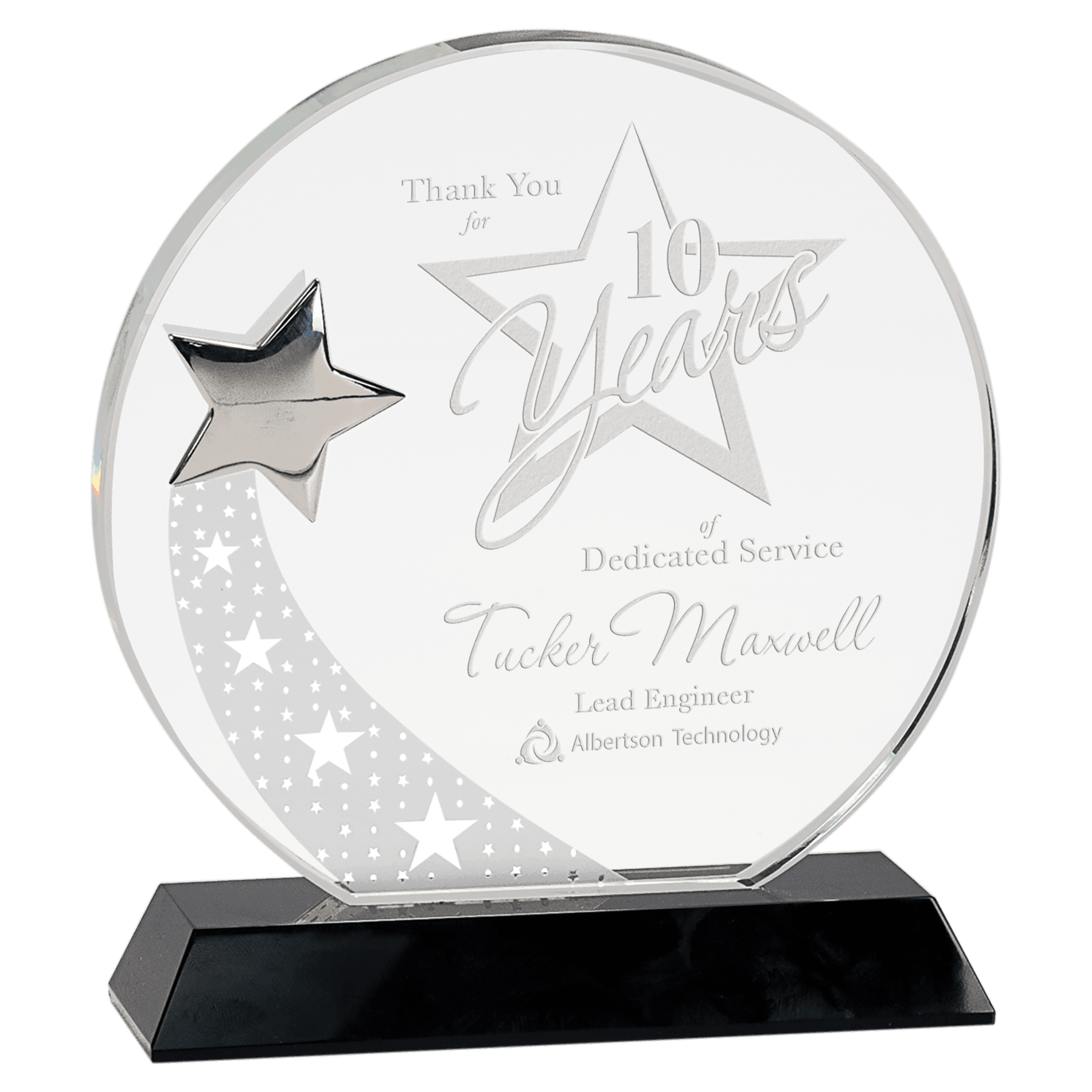 7 1/4" Round Crystal with Silver Star on Black Pedestal Base