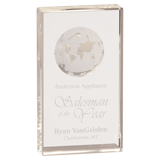 7" Clear Crystal Rectangle with Globe Etching
