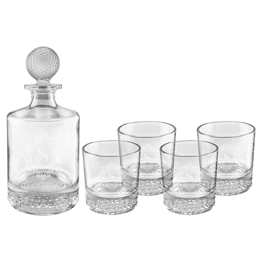 Polar Camel 850mL Round Golf Glass Decanter Set with Four 9 oz. Golf Rocks Glasses in Black Gift Box with Printed Paper Sleeve