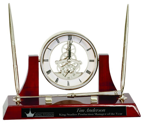 Silver 10 1/2" x 6" Executive/Rosewood Piano Finish Clock w/2 Pens/Letter Opener