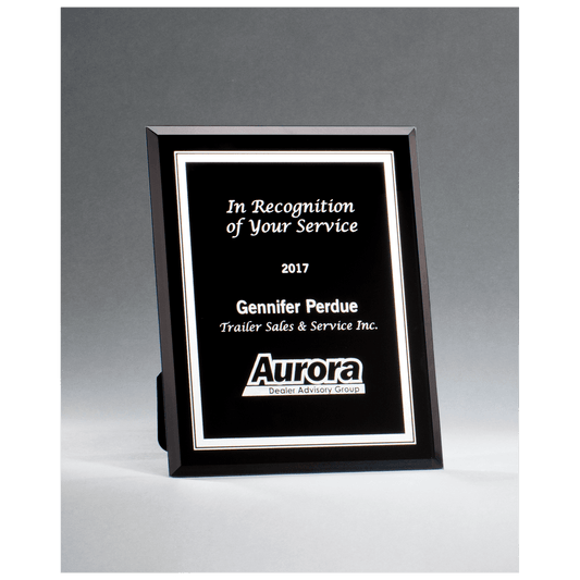 Black Glass Plaque with Silver 6" x 8" Border and Easel Back