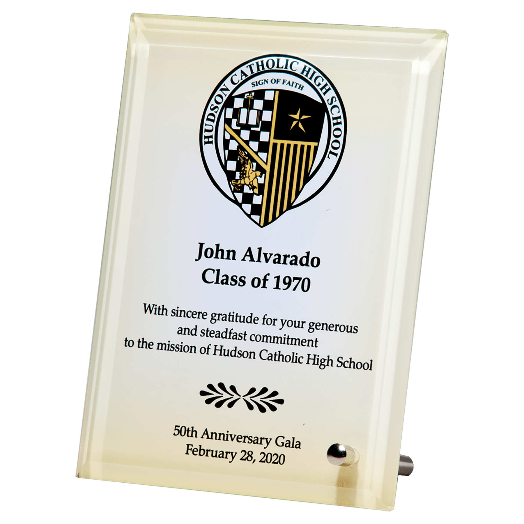 5" x 7" Sublimated Glass Plaque with Silver Post for Portrait or Landscape Prsentation