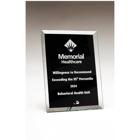 6" x 8" Clear Glass Plaque with Painted Black Background, Silv             er Plated Easel Post