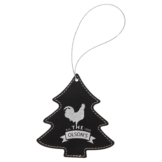 Black/Silver Laserable Leatherette Tree Ornament with Silver String