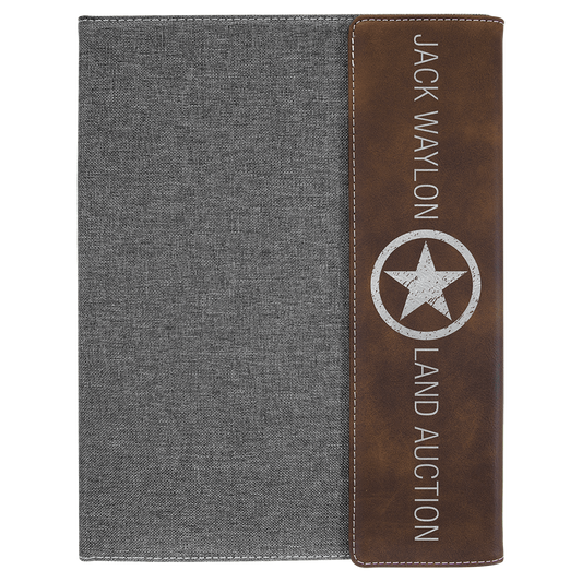 9 1/2"x12" Rustic/Silver Laserable Leatherette/Gray Canvas Portfolio w/Notepad