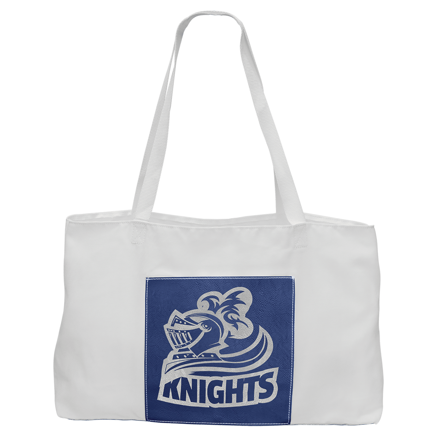 19" x 12" White Bag with 5" Blue/Silver Laserable Leatherette Gusset