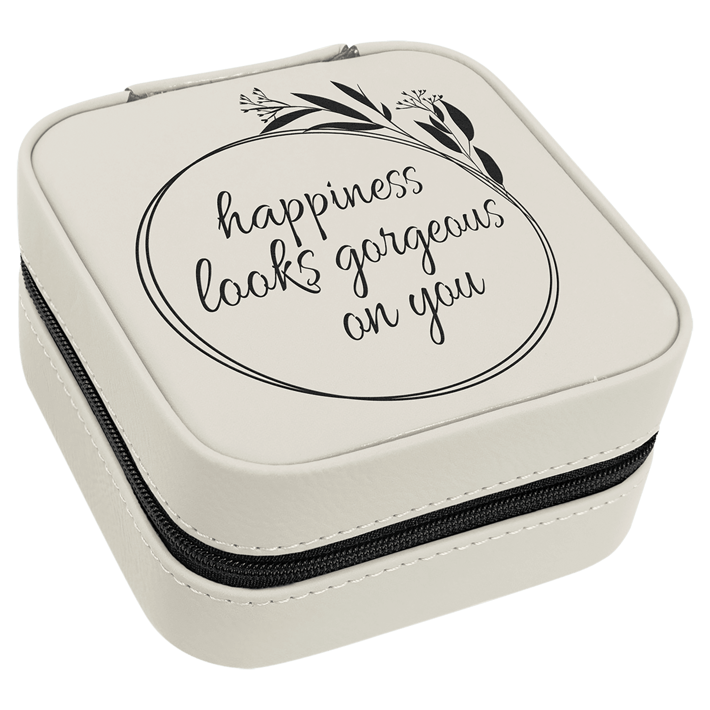 White/Black Laserable Leatherette Travel Jewelry Box with Black 4" X 4" Lining