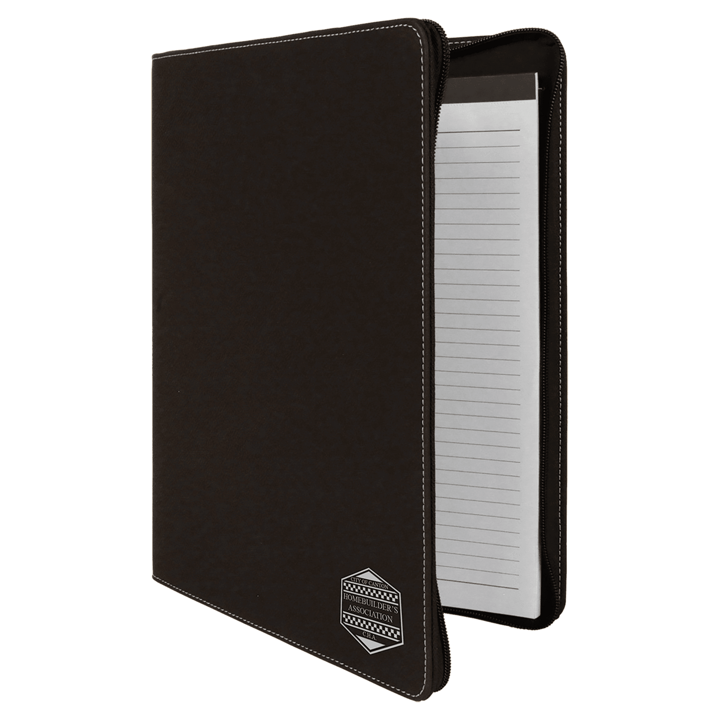 Black/Silver 9 1/2" x 12" w/Zipper Laserable Leatherette Portfolio with Notepad