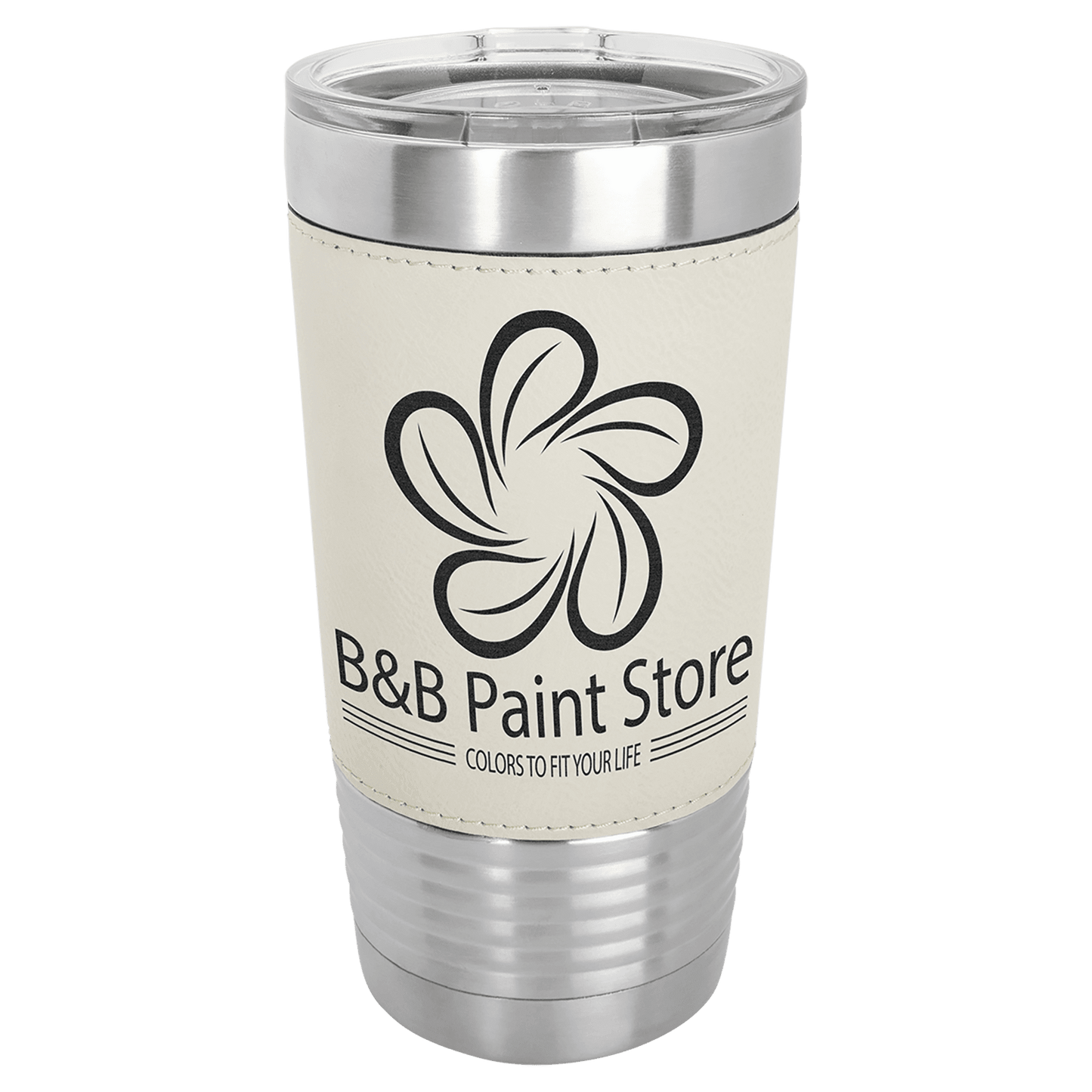 White/Black Laserable Leatherette Tumbler with Clear Polar Camel 20 oz. Lid