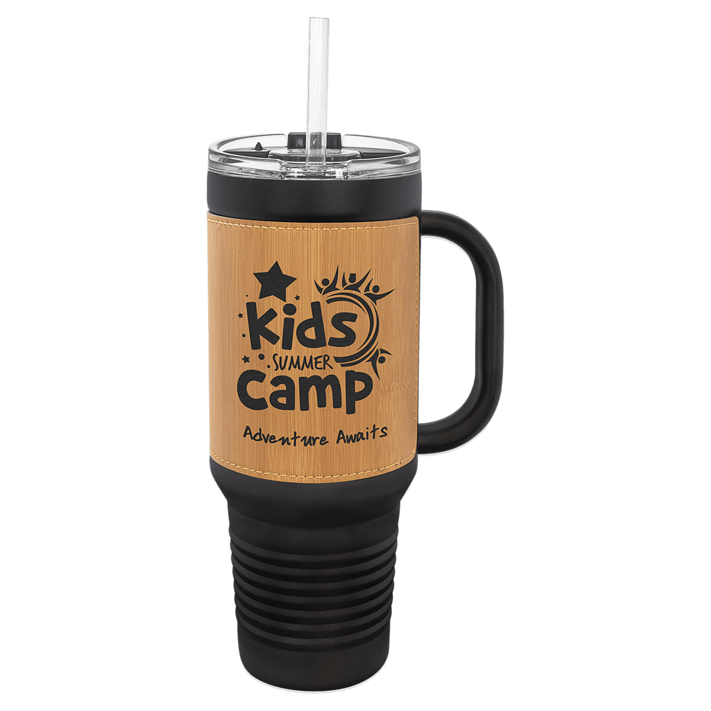 Black Bamboo Polar Camel 40 oz. Laserable Leatherette Travel Mug with a Handle & Straw