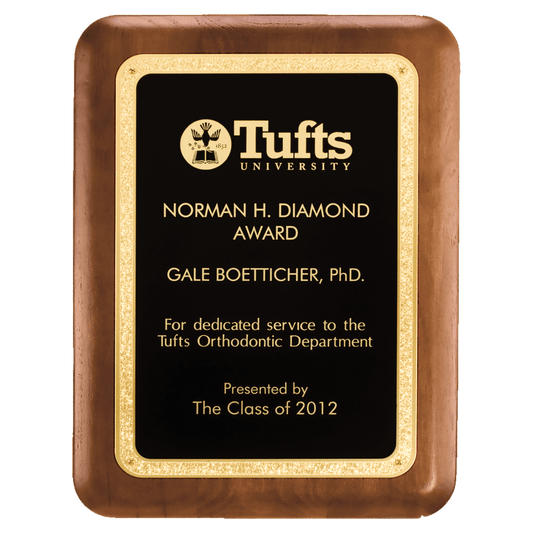 8" x 10 1/2" American Walnut Plaque with Textured Black LaserFX Plate with Gold Florentine Border