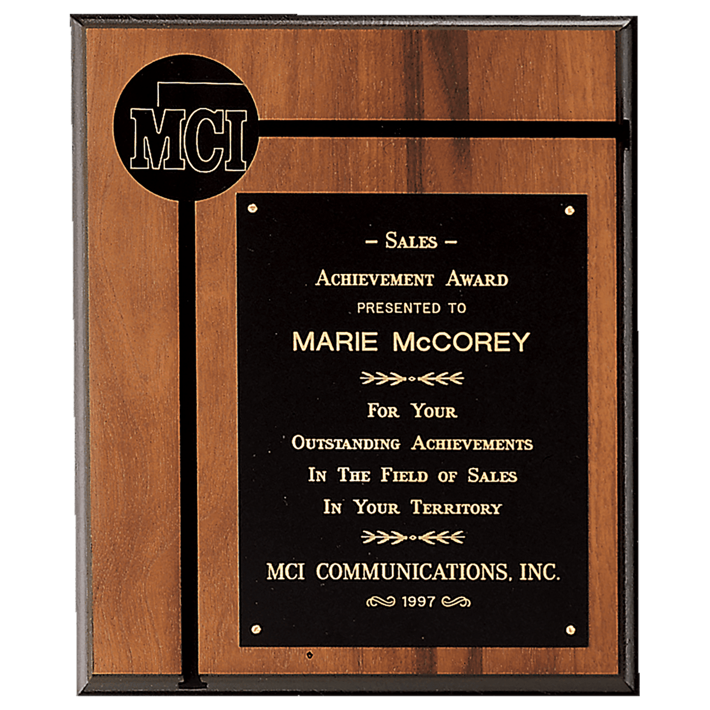 7" x 9" American Walnut Routed Plaque w/Black Brass Plate and 2 1/2" Black Brass Disc