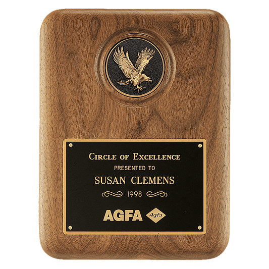 Solid American Walnut Plaque with Finely Detailed Black and Gold Metal Eagle Medallion and Black LaserFX Plate