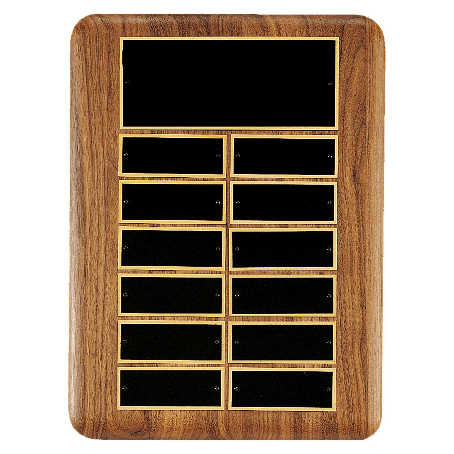 11" x 15"/Plates 1 1/2" x 3 3/4" American Walnut 12 Plate Perpetual Plaque with Black Brass Header Plate
