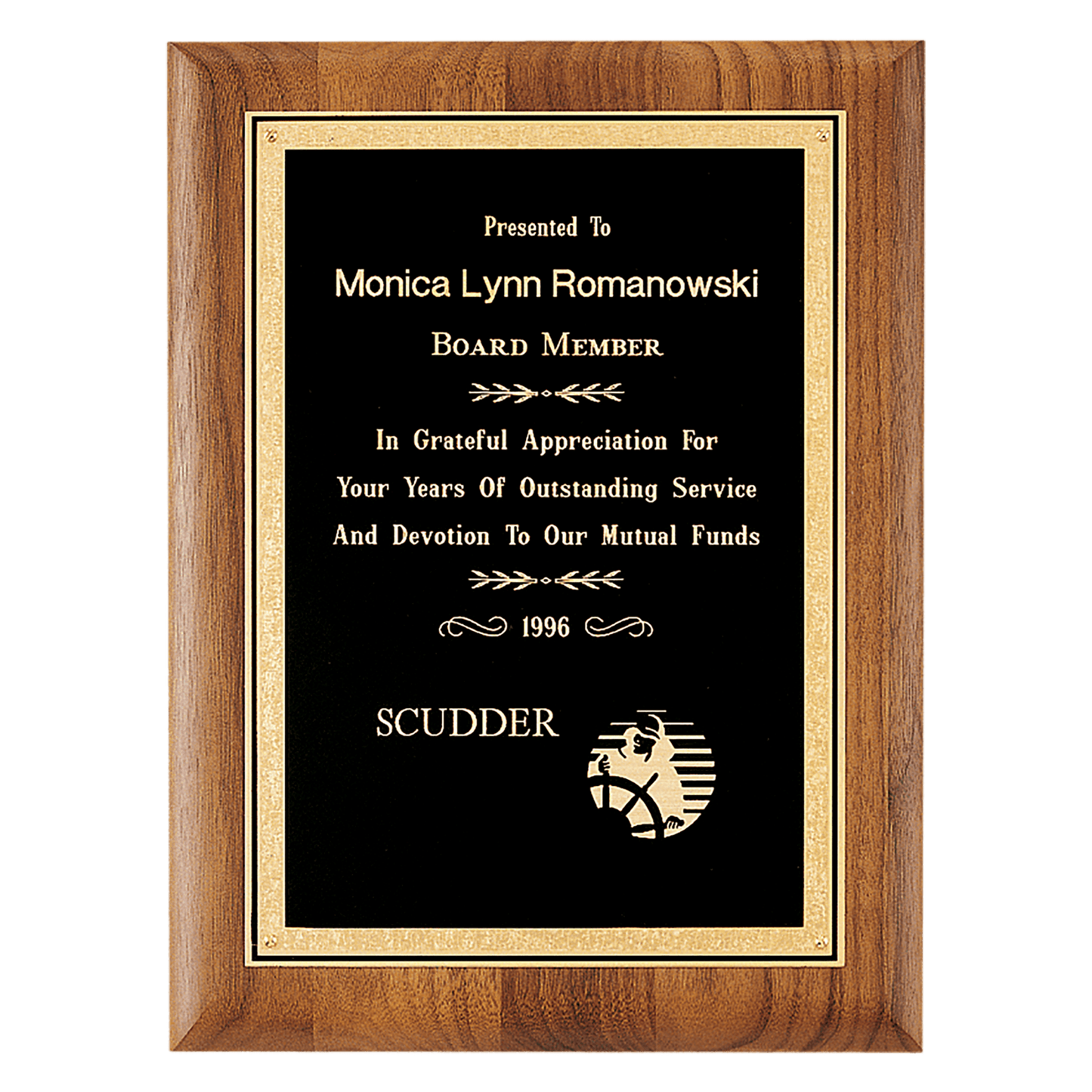 8" x 10 1/2" Coventry Series American Walnut Plaque with Gold Florentine Border Textured Black LaserFX Plate