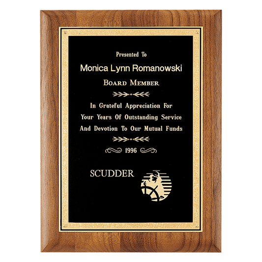 8" x 10 1/2" Coventry Series American Walnut Plaque with Gold Florentine Border Textured Black LaserFX Plate