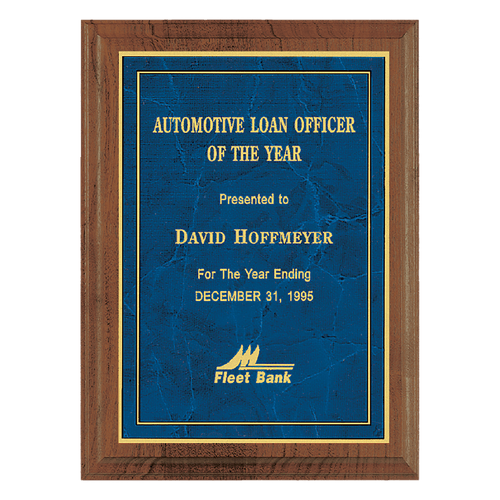 10 1/2" x 13" American Walnut Step Edge Plaque with a Gold Border Sapphire Marble LaserFX Plate