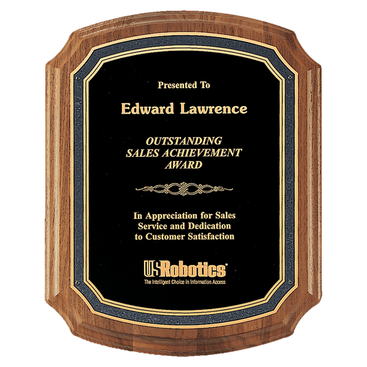 Walnut Plaque with Black/Gold Florentine Border Textured Black 8" x 10 1/2" American Plate