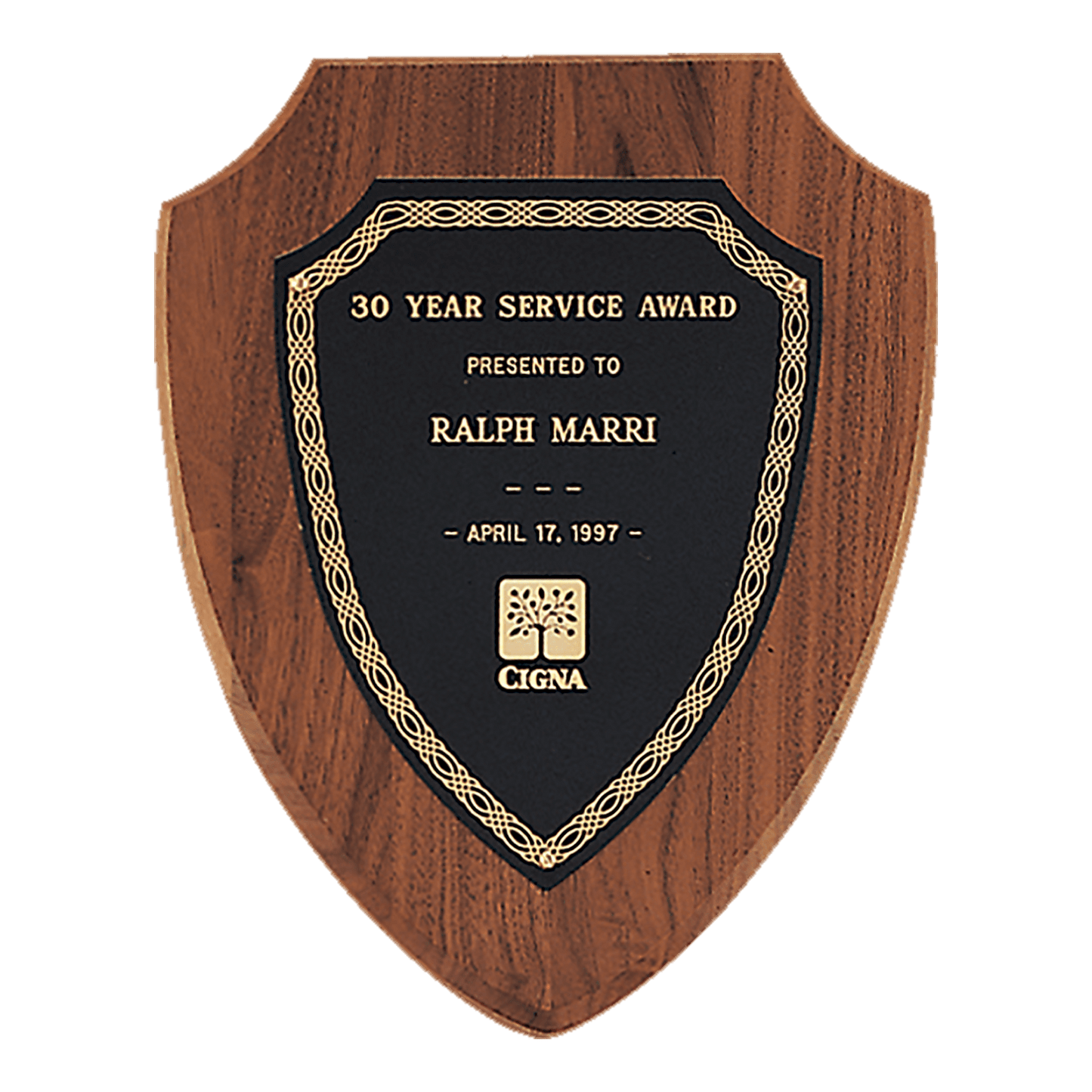 Black Laserable Gold Border Shield Plate on an American walnut 2 7 1/4" x 9" Jewelers Shield Plaque- Sheffield Series