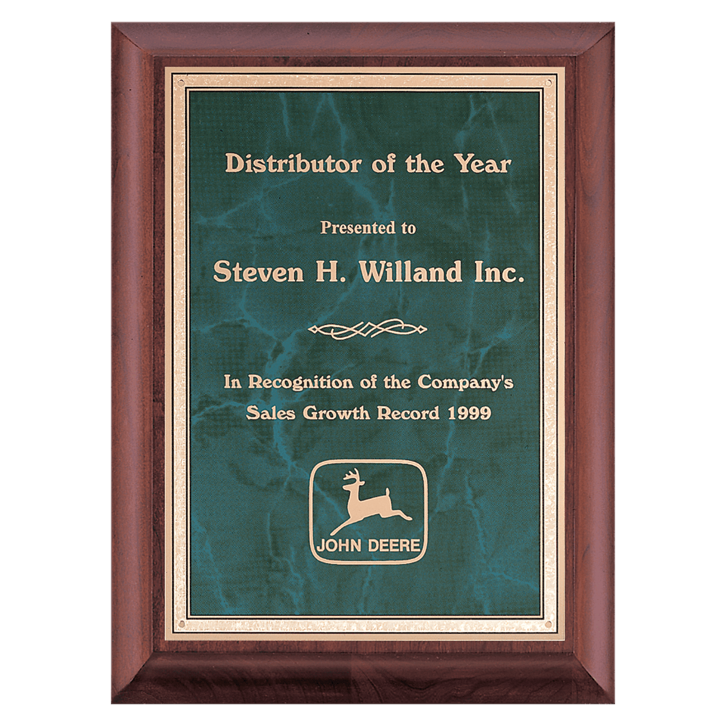 Cherry Finish Plaque with Emerald Marble Gold 7" x 9" Hand Rubbed Border LaserFX Plate