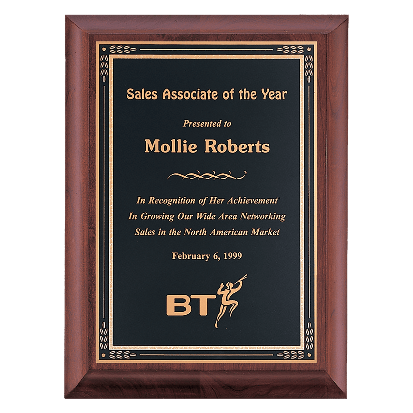 Cherry Finish Plaque with Black Gold 7" x 9" Hand Rubbed Florentine Border LaserFX Plate