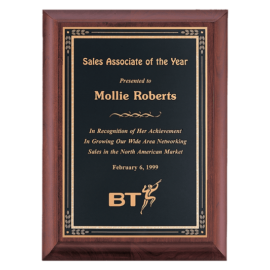 Cherry Finish Plaque with Black Gold 7" x 9" Hand Rubbed Florentine Border LaserFX Plate