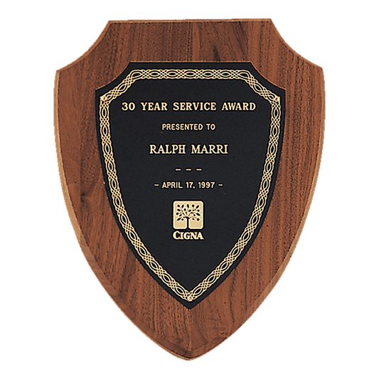 10" x 12" Jewelers Black Laserable Gold Border Shield Plate on an American Walnut Shield Plaque- Sheffield Series