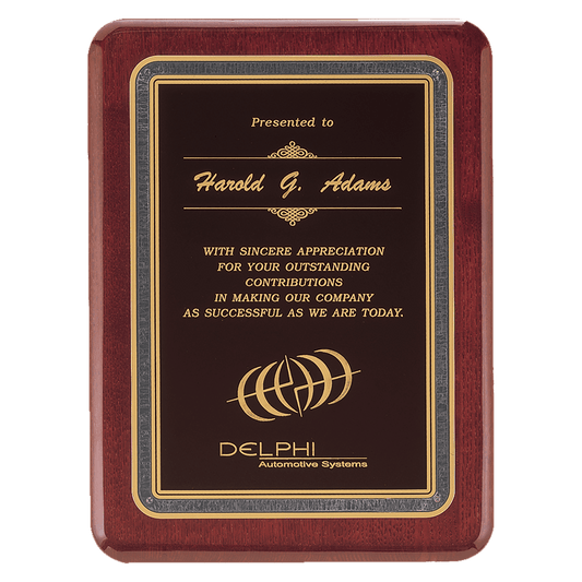 Rosewood Piano Finish Plaque with Black/Gold 7" x 9" Florentine Design LaserFX Plate