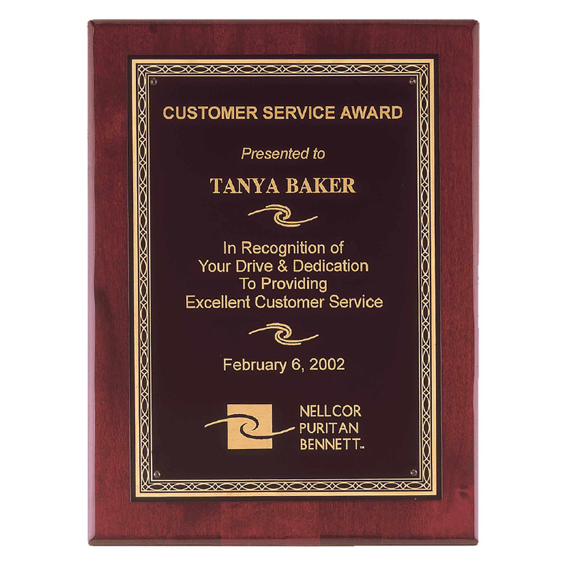 Rosewood Piano Finish Plaque with Gold Florentine Border Laserable Black Brass 8" x 10" Airflyte Premium Plate