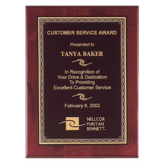 Rosewood Piano Finish Plaque with Gold Florentine Border Laserable Black Brass 8" x 10" Airflyte Premium Plate
