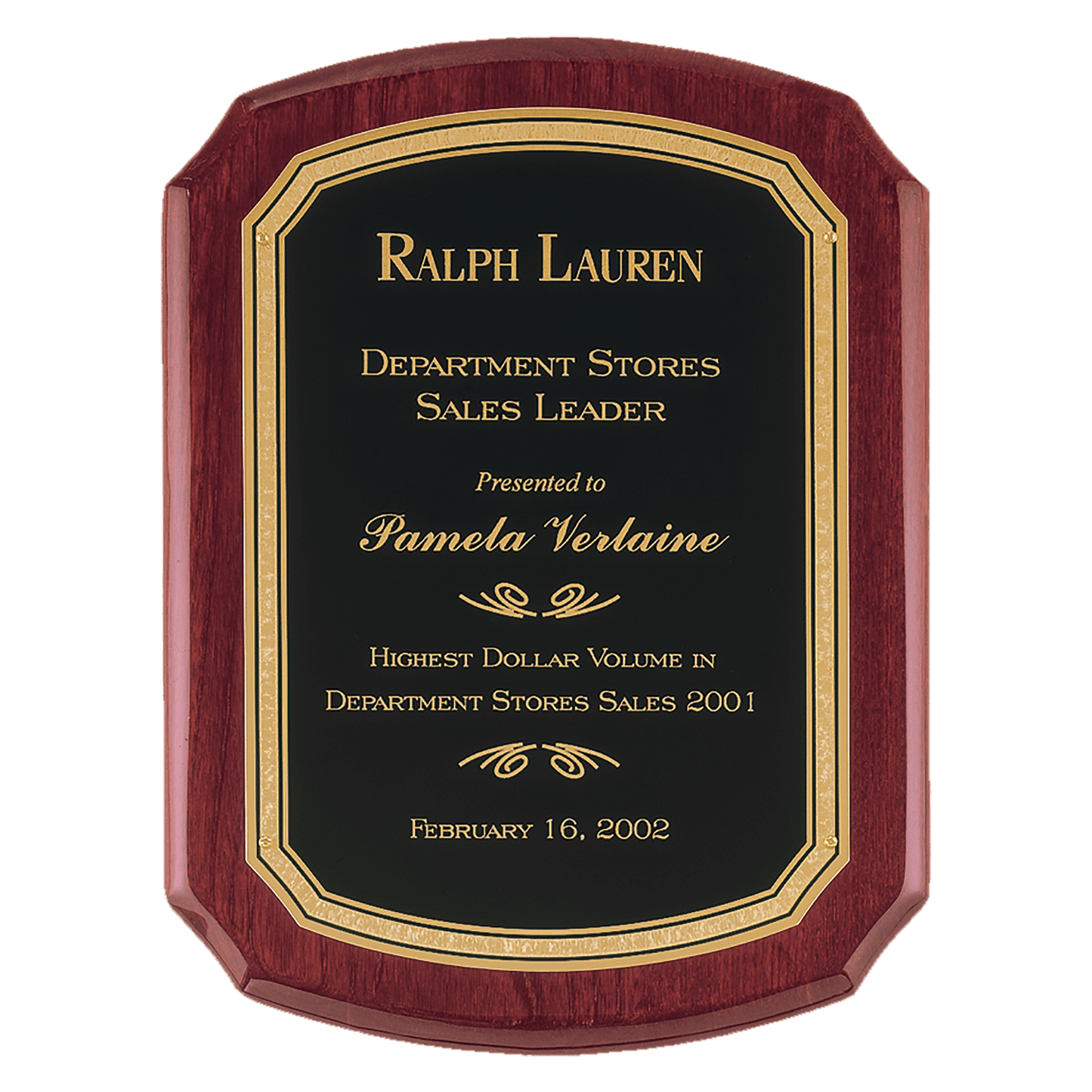 Rosewood Piano Finish Plaque with Black/Gold 8" x 10 1/2" Airflyte Florentine Border LaserFX Plate
