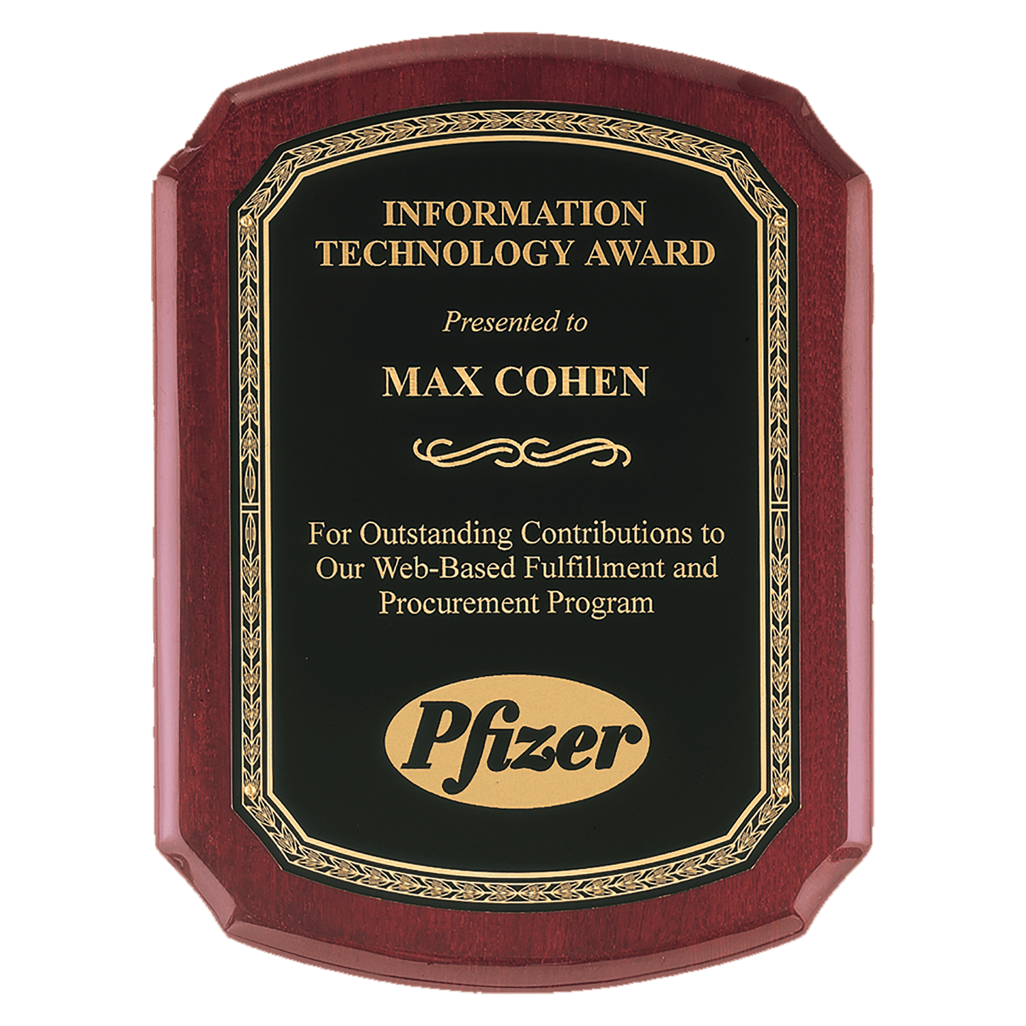 8" x 10" Airflyte Rosewood Piano Finish Plaque with Back Florentine Gold Border LaserFX Plate